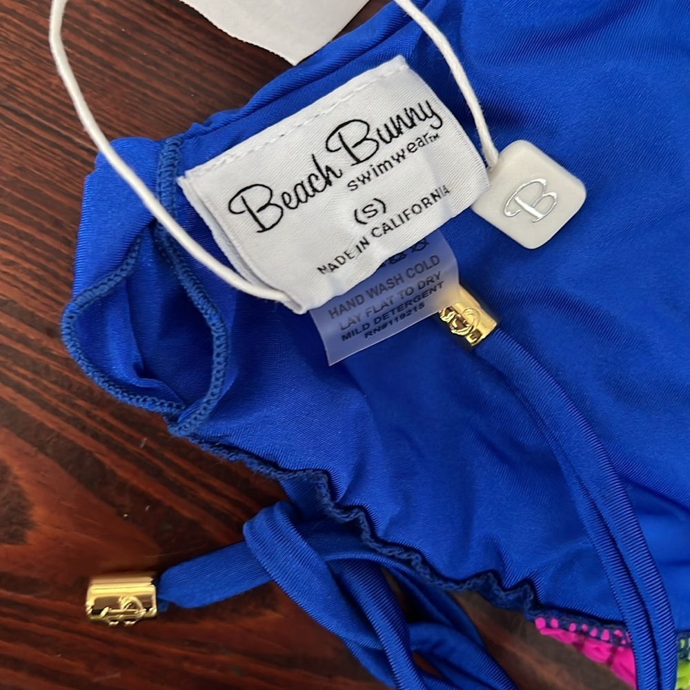 Adorable Blue with Green and Pink Ruffles Bikini Gold Hardware NWT S - Picture 9 of 12